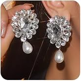 Octwine Women Silver Statement Rhineston Earrings Sparkly Rhinestones Chandelier Dangle Drop Pearls Earrings Bridal Wedding Party Prom Earrings Teardrop Dangle Earrings for Women