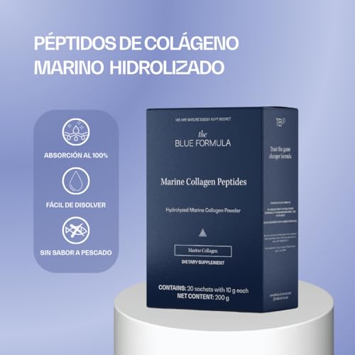 The Blue Formula Marine Collagen Peptides - Colágeno Marino Hidrolizado en Péptidos, Polvo Sin Sabor en Sobres Individuales, 10 g por Porción, Suplemento Alimenticio Diario - 20 Sobres, 200 g