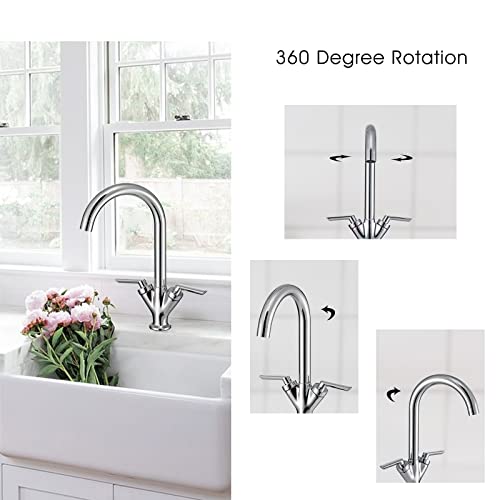 Funime® Kitchen Sink Mixer Taps Monobloc Swivel Spout Chrome Brass Dual Lever with Hoses Traditional Kitchen Mixer Taps 1 Hole
