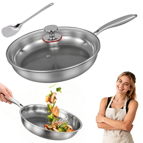 Sartén de titanio martillado Pro para cocinar, sartén de titanio con tapa, utensilios de cocina Pro antiadherentes, calentamiento uniforme para cocinar (30cm)
