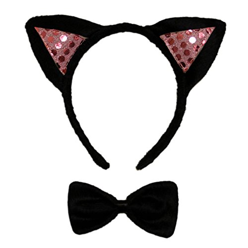 SeasonsTrading Pink Sequin Black Cat Ears & Bow Tie Costume Set ~ Halloween Kit