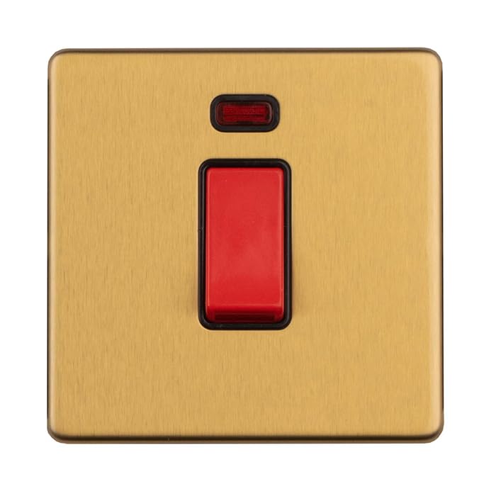 1 GANG 45AMP DP SWITCH WITH NEON FLAT CONCEALED SATIN BRASS PLATE MATCHING ROCKER