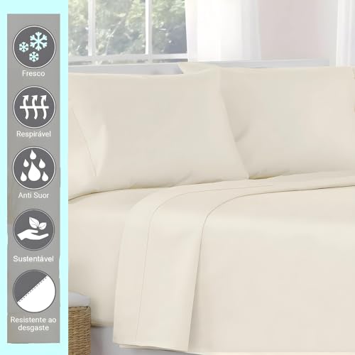 Cottonluxury Jogo de Lençol 4 peças 600 Fios Egípcio 100% Algodão Grampo Longo com Toque Acetinado - Não agride o Ambiente (Bege, Queen)