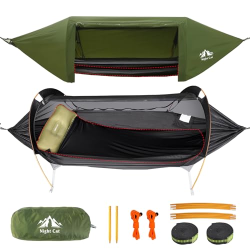 Night Cat Rainfly 1 Person Hammock Tent with Mosquito Net Waterproof Hiking Garden Camping Backyard Wild