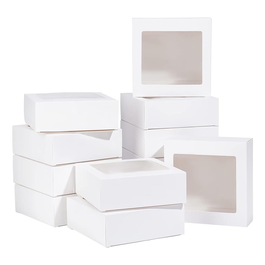 BENECREAT 16Packs 14x14x5cm Clear PVC Square Window Gift Boxes, White Kraft Paper Present Boxes for Wedding Gift, Chocolates, Cookies and Other Small Crafts