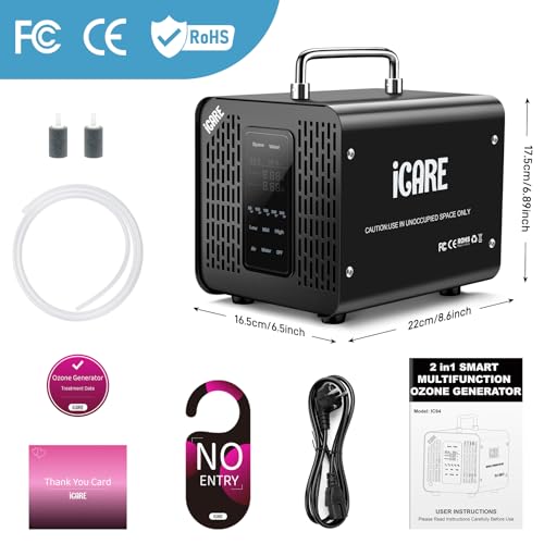 Smart Ozone Generator, 60000mg/h Ozone Generator for Water and Air, Air Purifier with Timer, Ozone Machine for Bathroom, Kitchen, Smoke, Cars, Pets, Fruits, Vegetables