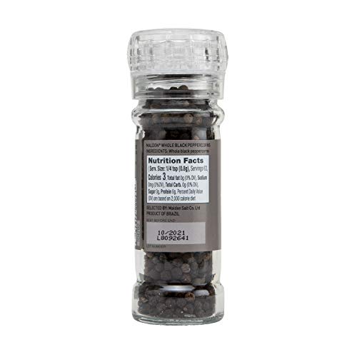 Maldon Salt, Whole Black Peppercorn Grinder, 50 g, Refillable and