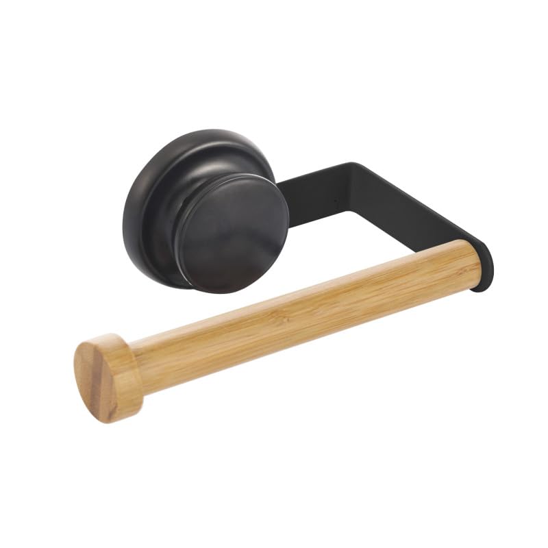 MSV Porte Rouleau Papier WC Mural Mega VENTOUSE Bambou & Acier Noir