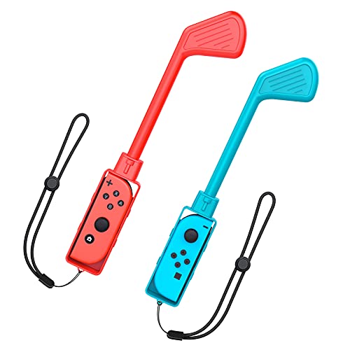 TiMOVO Golf Clubs Compatible with Nintendo Switch Mario Golf: Super Rush Game/Switch Sports, 2 Pack Golf Handle with Hand Strap Game Accessories Golf Grips Fit Switch/Switch OLED Controller, Red+Blue