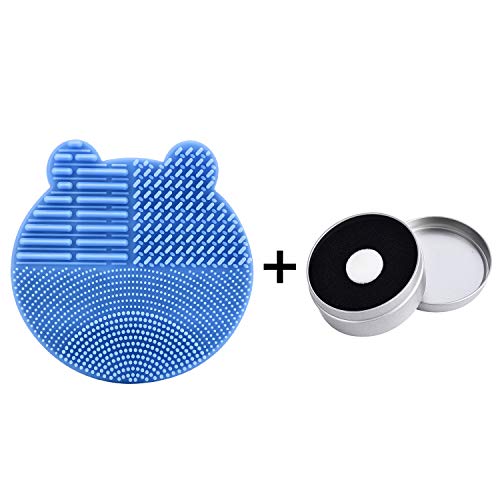 Silicon Makeup Brush Cleaning Mat with Brushes Drying Holder Portable Bear Shaped Cosmetic Brush Cleaner Pad+ Makeup Brush Dry Cleaned Quick Color Removal Sponge Scrubber Tool (Blue)
