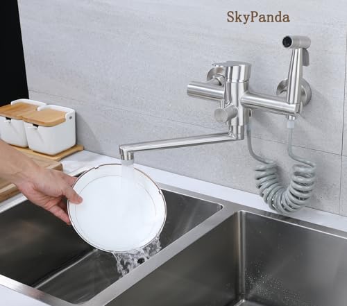 Kitchen Faucet, Wall Mounted, Kitchen Faucet with Spray Gun, 360° Rotatable 23 cm Swivel Hose, Hot and Cold, 4 Working Modes, Brushed Nickel 304