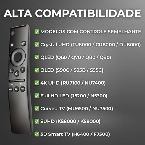 Controle Remoto Compatível com Smart TV Samsung — Com Botões Netflix, Prime Video e Globoplay— Funciona em Modelos 4K, QLED, Crystal, Neo QLED e OLED — Não Precisa Configurar