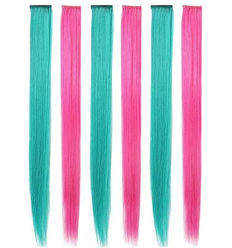 Pink Teal Hair Extensions Colored Party Highlights Straight Hair Extension Clip In/On For Amercian girls and Dolls Kids Costume Wig Pieces 6 PCS