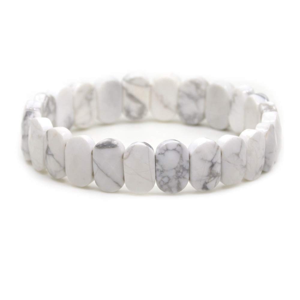 CHENYUE Natural White Howlite Gemstone 14mm Faceted Oval Beads Stretch Bracelet 7.5 Inch Unisex