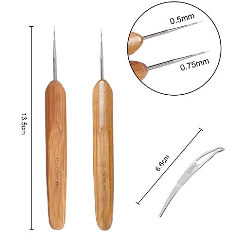 Iceyyyy 6PCS 0.75mm and 0.5mm Dreadlocks Crochet Hooks Set - 4 Pieces Bamboo Hair Extensions Crochet Weaving Needles and 2 Pieces Dreadlocks Interlock Needle Tool for Braid Craft