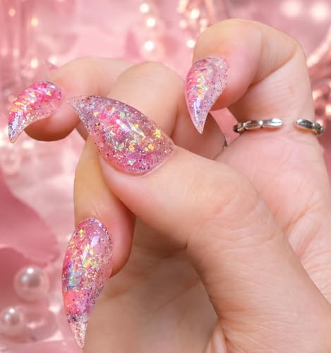 POPSOUL Cat Claw Press On Nails, Handmade Short Natural False Nails, 3D Floating Glitter Aquarium Nails, Sharp Curved Stiletto Tips for Romantic, Fantasy, Cosplay & Party Looks