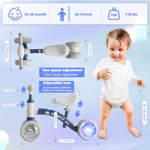 Colorful Lighting Baby Balance Bike, 4 Silence Wheels, Adjustable Handlebar Seat, No Batteries, Toys for 1 Year Old Boy Gifts 10-24 Month, Indoor/Outdoor
