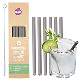 Slurp Straw 6 Pack and Cleaning Brush, 5.25-inch Short Reusable Silicone Drinking Straws or Stirrers for Cocktails, Coffee, Small Glasses and Cups - Food Grade Silicone - Smoke Grey
