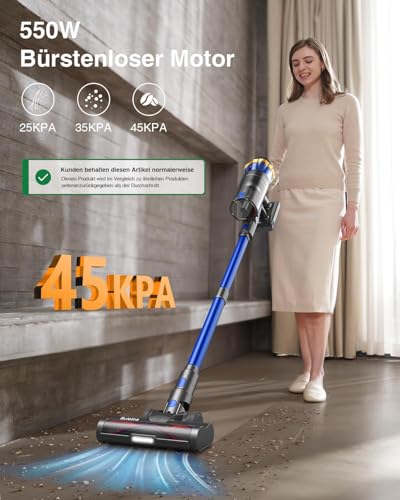 Akku Staubsauger 45000Pa/550W/65Min, 1,6L Staubsauger Kabellos mit Display, Anti-Tangle-Bürste, Selbststehend, Wandladestation, 8-Schicht-Filtration, Ultraleise, für Tierhaare/Teppiche/Hartböden/Auto thumbnail 2