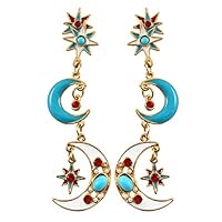 Gnc33Ouhen Fashion Vintage Women Girls Earring Brilliant Multicolor Women Moon Star Long Dangle Stud Earrings Party Jewelry Blue Blue+Golden