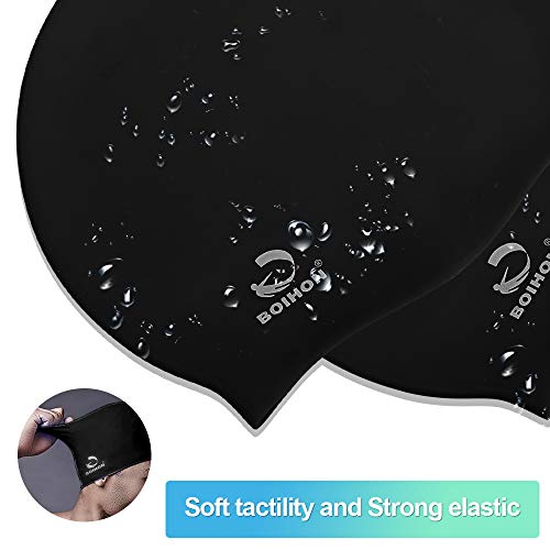 Pansonite Silicone Swim Cap-Adults Youths Men Women Inside Particle Bathing Cap for Long or Short Hair Waterproof Pool Caps with Grain Makes Your Hair Dry (Black) - Thumbnail 4
