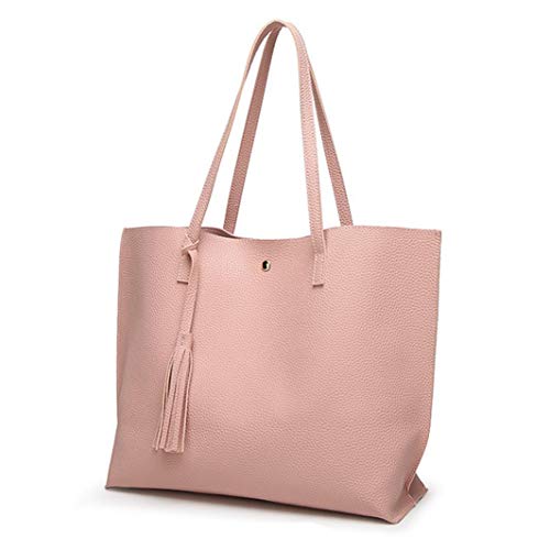 Women Girls Tassels Leather Tote Shoulder Bags Satchel Handbags Large Laptop Purses (Pink) - Thumbnail 3