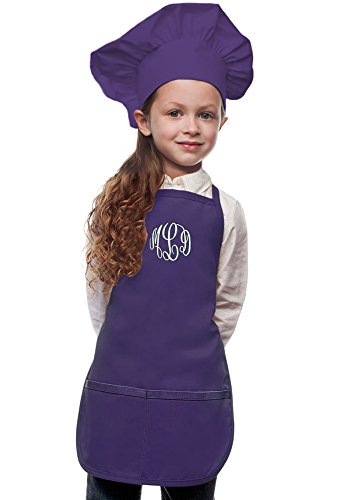 Monogrammed Purple Kids Apron with Chef Hat, Poly/Cotton Twill Fabric (Extra Large)