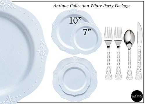 Royalty Settings Antique Collection Heavy Duty Plastic Plates for Weddings for 20 Persons, Includes 20 Dinner Plates, 20 Salad Plates, 40 Forks, 20 Spoons, 20 Knives, White