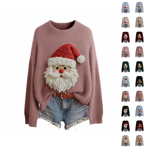 Womens Christmas Jumpers Fashion Think Loose Crew Neck Pullover Elegant Long Sleeve Knitted Tops Comfortable Printed Solid Jumper Casual Classic-Fit Stretchy Deer Plush Sweater Winter