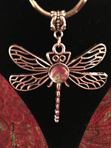 Dragonfly Pendant Key Chain Stunning One of a Kind Dragonfly Abstract Acrylic Pouring/Fluid Art Key Fob Silver Cabochon (8mm) Greens, Red and White #29