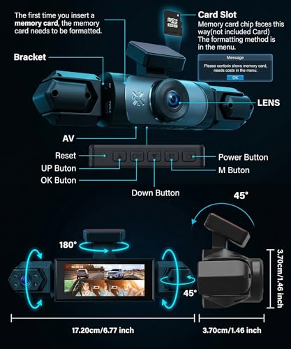 Rimoody 4 Canali 360° Dashcam Auto, 4 Telecamera HD 1080P Anteriore e Posteriore Sinistra Destra, 3.16 Pollici Schermo IPS Dash Cam con Visione Notturna 8 IR/Loop Video/24H Parcheggio Monitor