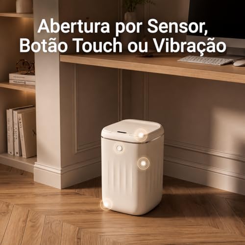 Lixeira Inteligente 20L Premium com Sensor Infravermelho de Movimento, Abertura Automática Sem Toque, Botão Touch e Sensor de Vibração, Tampa Silenciosa para Banheiro, Cozinha e Escritório