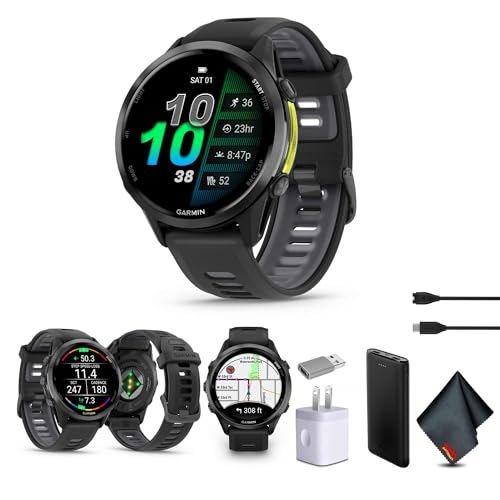 Garmin Forerunner 970 Running Smartwatch, GPS Fitness Smart Watch for Men and Women, Carbon Gray DLC Titanium with Black Case and Black/Translucent Whitestone Band​ Bundle with P-Bank + More