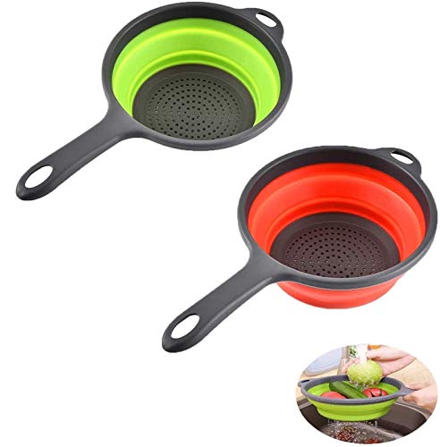 2 Pack Kitchen Foldable Silicone Strainer Colanders, Collapsible Colanders with Handles, Space-Saver Folding Strainer Colander for Draining Pasta, Vegetable (Green and Red)