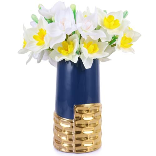 Photo 1 of LCCCK 7.0" Gold Hammered Vase Home Decor, Elegant Ceramic Blue and Gold Flower Vase for Pampas Grass Decorative, Boho Small Cylinder Vases Centerpiece, Dining Table Living Room Jarrones Art