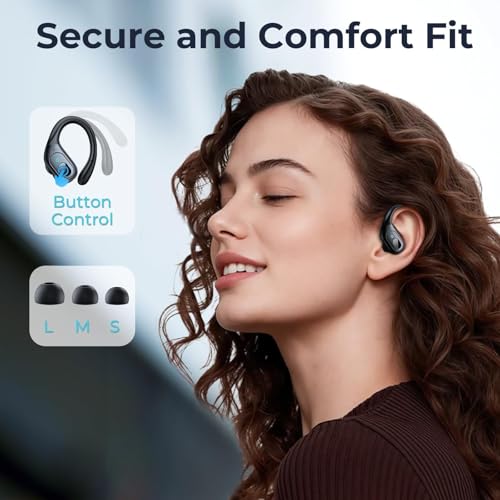 occiam Active Noise Cancelling Earbuds Wireless Bluetooth Headphones Ear Buds 90Hrs Playback Stereo Bass Earphones with Mic Over-Ear Hooks IPX7 Waterproof Headset for Work Sports Running Matte Black