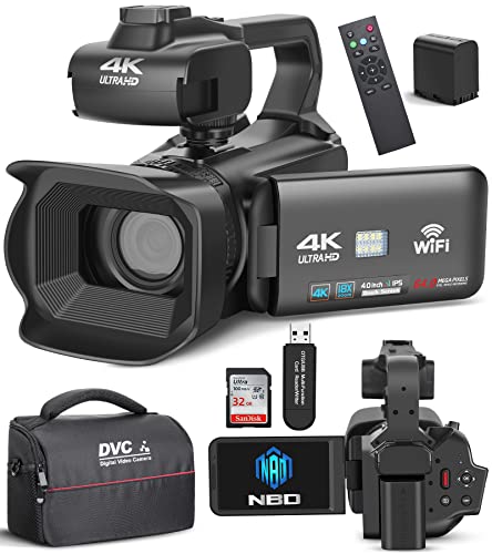 NBD 4K UHD 64MP Videokamera, Vlog Kamera mit erweiterbarem Handgriff, WiFi & Fernbedienung, 18X Digitalzoom, Flip Screen, Ideal für YouTube/Blogging - 4" LCD Touchscreen Videokamera