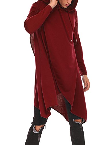 COOFANDY Mens Casual Hooded Poncho Cape Cloak Irregular Hem Hoodie Pullover,Wine Red,X-Large