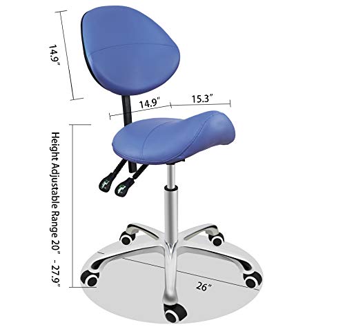 Grace & Grace Professional Saddle Stool Series Hydraulic Swivel Comfortable Ergonomic with Heavy Duty Metal Base for Clinic Dentist Spa Massage Salons Studio (With Backrest, Blue)