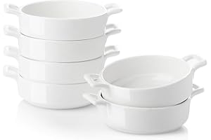 Sweejar Porcelain 10 Ounce Ramekins, Round Double Handle Souffle Dishes for Baking, Creme Brulee, Ice Cream, Pudding - Set of 6 (White)