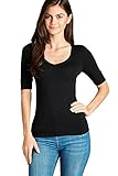 Ladies Black Elbow Sleeve V Neck Cotton Spandex Jersey Top