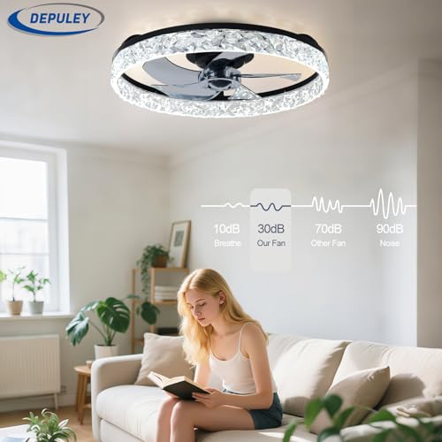 Depuley Ceiling Fans with Lights and Remote Control: 20 Inch Low Profile Ceiling Fan with 6 Speeds - 3000-6500K Dimmable Led Fandelier for Bedroom and Living Room - Black