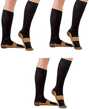 TASOM Compression Copper Socks (3 Pair) Over the Calf Below Knee Men Woman Swelling Relief Support Stockings