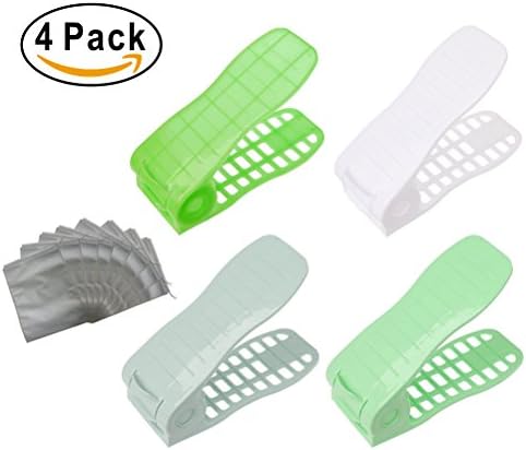 Pack of 4 Shoe Slots Organizer Bundle with 8pcs Non-woven Bags | Adjustable Space Saver Storage Rack for Shoes | Plastic Double Layer Display Stand Holder for Sandals Sneakers Heels (Multicolor-2)