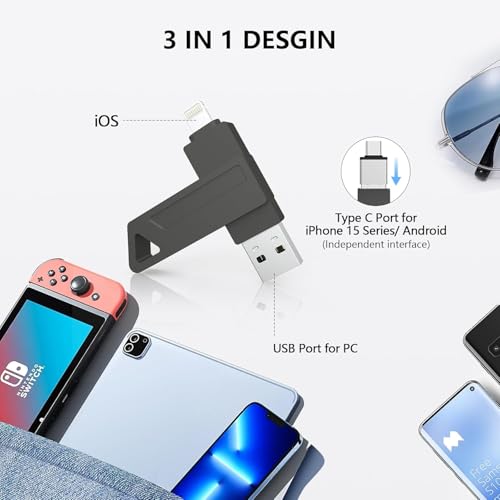 Apple MFi Certified 512GB Photo Stick for iPhone - 3 in 1 Flash Drive for iPhone, High Speed USB Memory Stick Thumb Drive, External Storage Compatible for iPhone/iPad/Android/PC (Black)