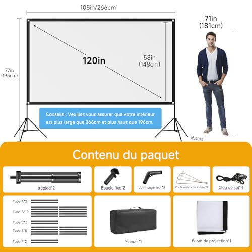 VISULAPEX 120 Inch Projection Screen on Stand, 16:9, 4K HD Foldable Projector Screen with Carry Bag for Indoor, Home Cinema, Garden Cinema