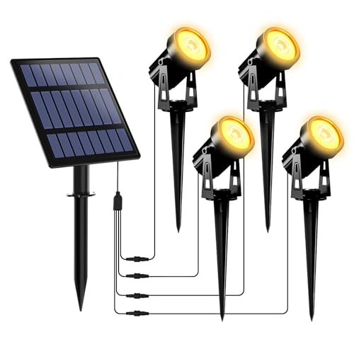 T-SUNUS Gartenstrahler Solar, Solarstrahler für Außen Garten Warmweiß, IP65 Wasserdicht, 2 Helligkeitsmodi, Auto ON/OFF Solarlampen für Außen Baum Ter