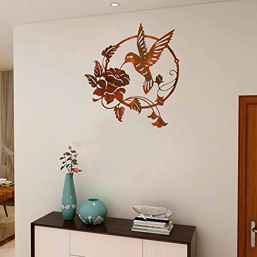 wSelio Metal Hummingbird Flower Wall Art Decor, Inspirational Wall Decor Sculpture Hanging Indoor Outdoor for Home, Bedroom, Living Room, Office, Garden (A-25x25cm)
