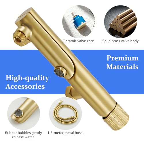 Bath Faucet with 3 Jets, Wall Mounted Bath Mixer Tap with 90° Rotating Spout, 1.5 m Flexible and Bracket, Bathroom Mixer Tap in Brass (Brushed Gold)