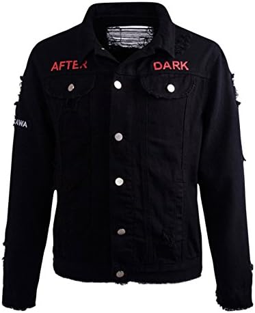 CLJJ7 Men's Casual Laple Buttoned Embroidery Ripped Hole Short Cotton Denim Jean Jacket (Large, Black)